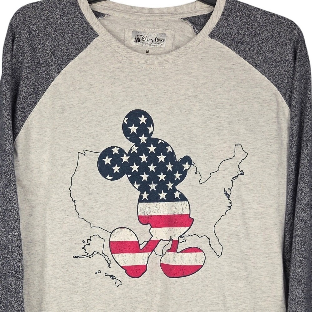 Disney Parks American Adventure Raglan Long Sleeve‎ Mickey USA Flag Gray Medium